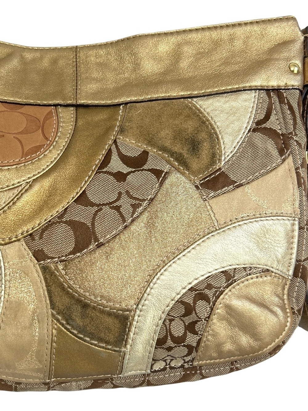 Coach Zoe Patchwork Hobo Bag Medium Brown Khaki Leather Shoulder Retro Y2K - Picture 10 of 16